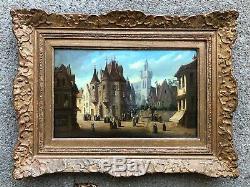 Old Paint Oil On Panel Animated City View End 19th Early 20th