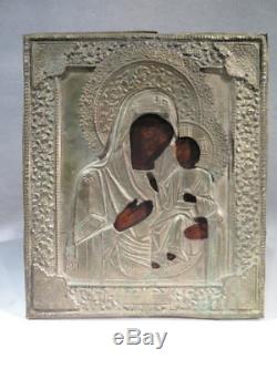 Old Painted Virgin Icon With Child On Panel Raised Gold Russian Orthodox