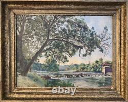 Old Painting 19th Century Landscape Impressionism Lake Waterfalls Village Forest Signed