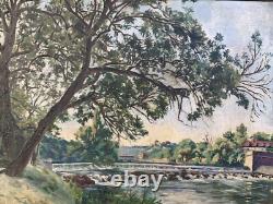 Old Painting 19th Century Landscape Impressionism Lake Waterfalls Village Forest Signed
