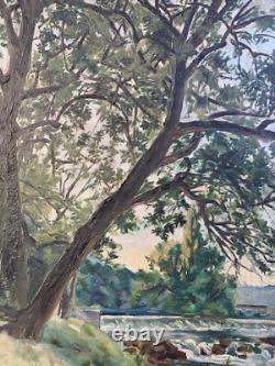 Old Painting 19th Century Landscape Impressionism Lake Waterfalls Village Forest Signed