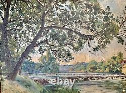 Old Painting 19th Century Landscape Impressionism Lake Waterfalls Village Forest Signed