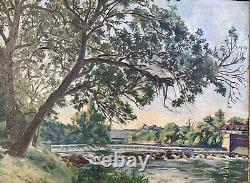 Old Painting 19th Century Landscape Impressionism Lake Waterfalls Village Forest Signed