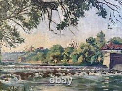 Old Painting 19th Century Landscape Impressionism Lake Waterfalls Village Forest Signed