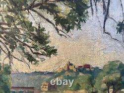 Old Painting 19th Century Landscape Impressionism Lake Waterfalls Village Forest Signed