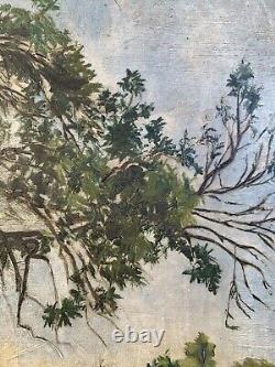 Old Painting 19th Century Landscape Impressionism Lake Waterfalls Village Forest Signed