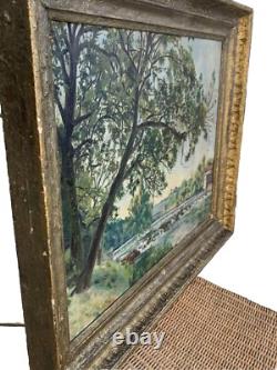 Old Painting 19th Century Landscape Impressionism Lake Waterfalls Village Forest Signed