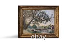 Old Painting 19th Century Landscape Impressionism Lake Waterfalls Village Forest Signed