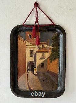 Old Painting, Animated Spanish Street, Oil on Tabletop
