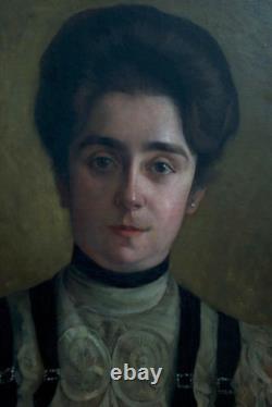 Old Painting Art Nouveau Young Woman Dress J. P. Carré Bordeaux hst 1900