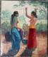 Old Painting Balinese School Women Stretching Laundry Oil On Canvas Signed