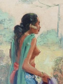 Old Painting Balinese School Women Stretching Laundry Oil on Canvas Signed
