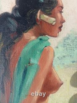 Old Painting Balinese School Women Stretching Laundry Oil on Canvas Signed