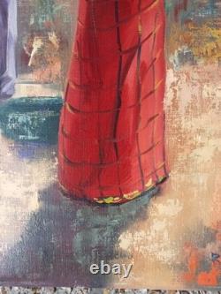 Old Painting Balinese School Women Stretching Laundry Oil on Canvas Signed