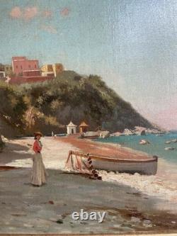 Old Painting Beach of Capri Seaside Neapolitan Coast Oil on Canvas