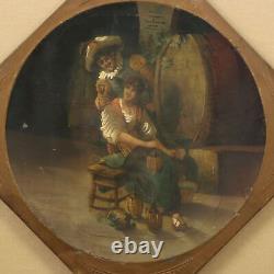 Old Painting - Charming Scene Oil on Metal 19th Century