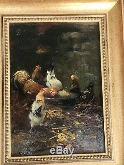 Old Painting Coppenolle Oil On Panel Wood Chickens Oil On Panel