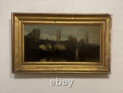 Old Painting Depicting a House and Trees by the Lake