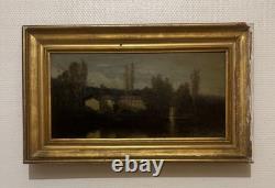 Old Painting Depicting a House and Trees by the Lake