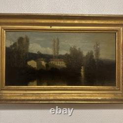 Old Painting Depicting a House and Trees by the Lake