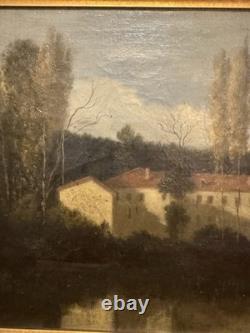 Old Painting Depicting a House and Trees by the Lake
