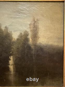 Old Painting Depicting a House and Trees by the Lake