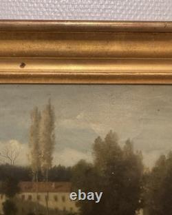 Old Painting Depicting a House and Trees by the Lake