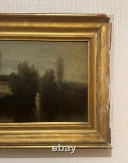 Old Painting Depicting a House and Trees by the Lake