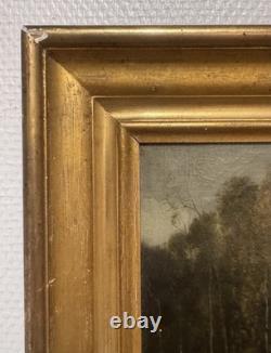 Old Painting Depicting a House and Trees by the Lake