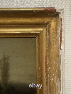 Old Painting Depicting a House and Trees by the Lake