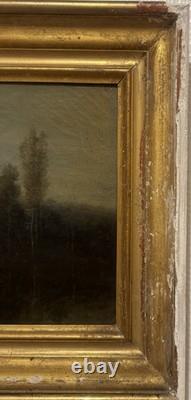 Old Painting Depicting a House and Trees by the Lake