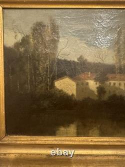 Old Painting Depicting a House and Trees by the Lake