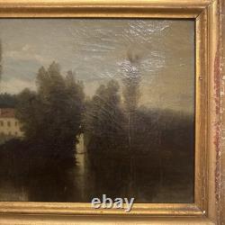 Old Painting Depicting a House and Trees by the Lake