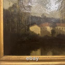 Old Painting Depicting a House and Trees by the Lake
