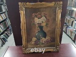 Old Painting Floral Art Oil On Wooden Panel Signed