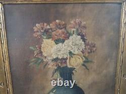 Old Painting Floral Art Oil On Wooden Panel Signed