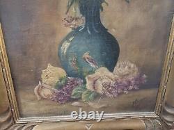 Old Painting Floral Art Oil On Wooden Panel Signed