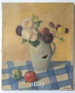Old Painting Flowers Bouquet Purple Oil On Canvas Signed In 1938