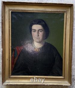 Old Painting HST Portrait of a Woman with Brooch in XIX Frame Oil on Canvas