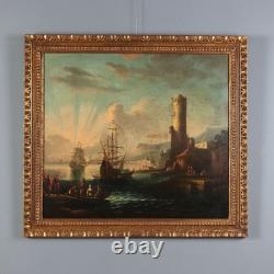 Old Painting, Harbor Scene, Oil on Canvas, France, 18th Century, Original