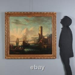 Old Painting, Harbor Scene, Oil on Canvas, France, 18th Century, Original