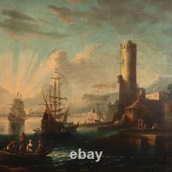 Old Painting, Harbor Scene, Oil on Canvas, France, 18th Century, Original