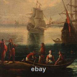 Old Painting, Harbor Scene, Oil on Canvas, France, 18th Century, Original