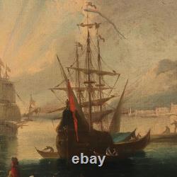 Old Painting, Harbor Scene, Oil on Canvas, France, 18th Century, Original