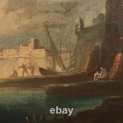 Old Painting, Harbor Scene, Oil on Canvas, France, 18th Century, Original