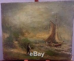 Old Painting Late Nineteenth Early Twentieth Oil On Canvas Marine Animated Boat