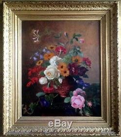 Old Painting Late Xixth Bouquet Of Roses And Flowers On Entablature C1879