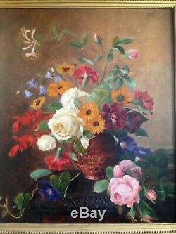 Old Painting Late Xixth Bouquet Of Roses And Flowers On Entablature C1879