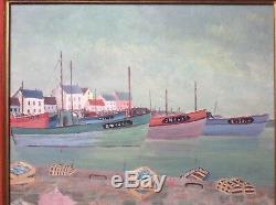 Old Painting Naïve Art Boats Of Fishermen Beautiful Oil On Canvas Signed