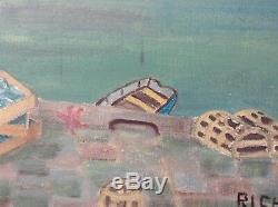 Old Painting Naïve Art Boats Of Fishermen Beautiful Oil On Canvas Signed
